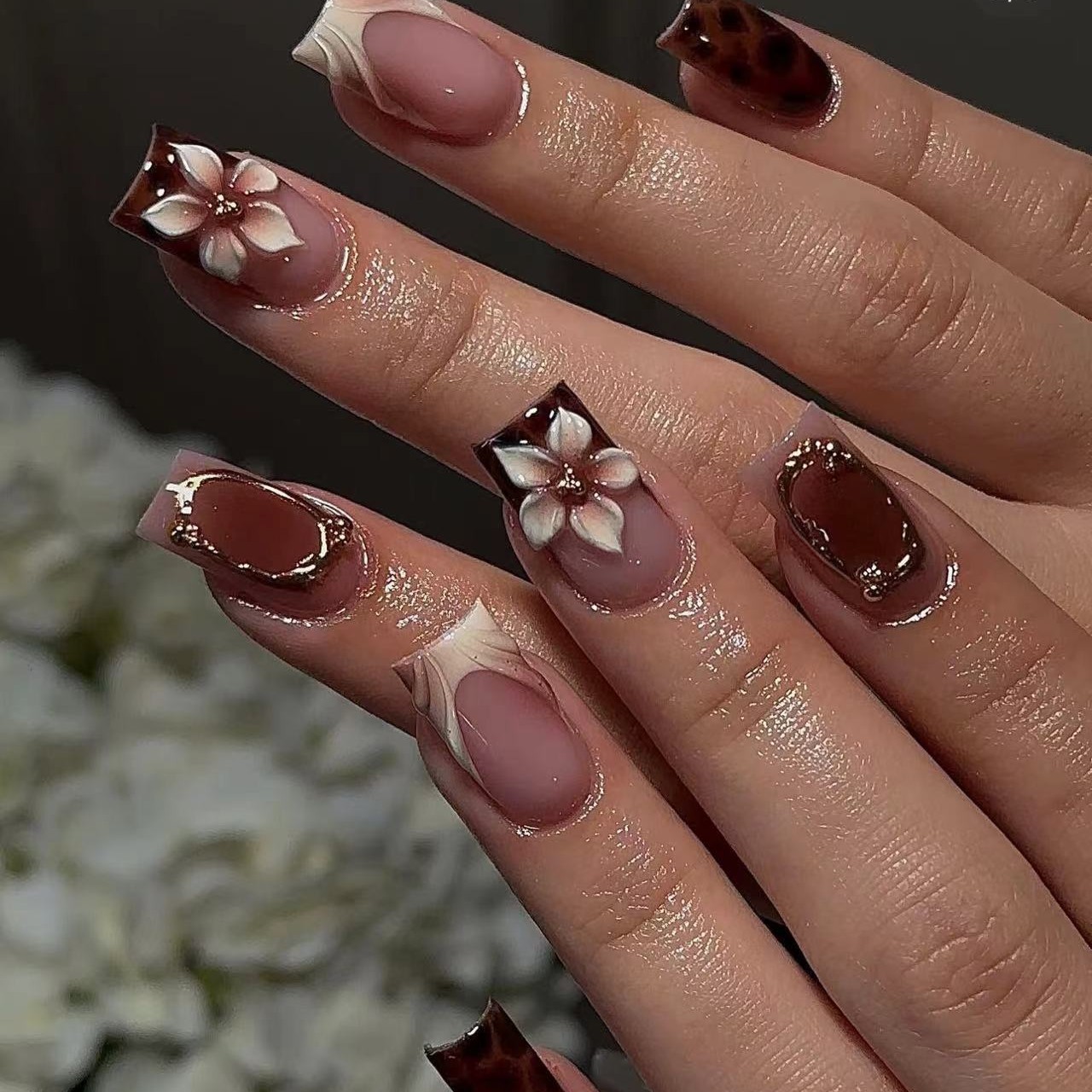 Pressed Flower Art - Kuku palsu pendek persegi untuk wanita,